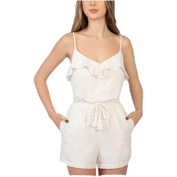 B DARLIN Womens White Eyelet Spaghetti Strap Jumpsuit, Slip-on Style, Adjustable - Picture 1 of 3